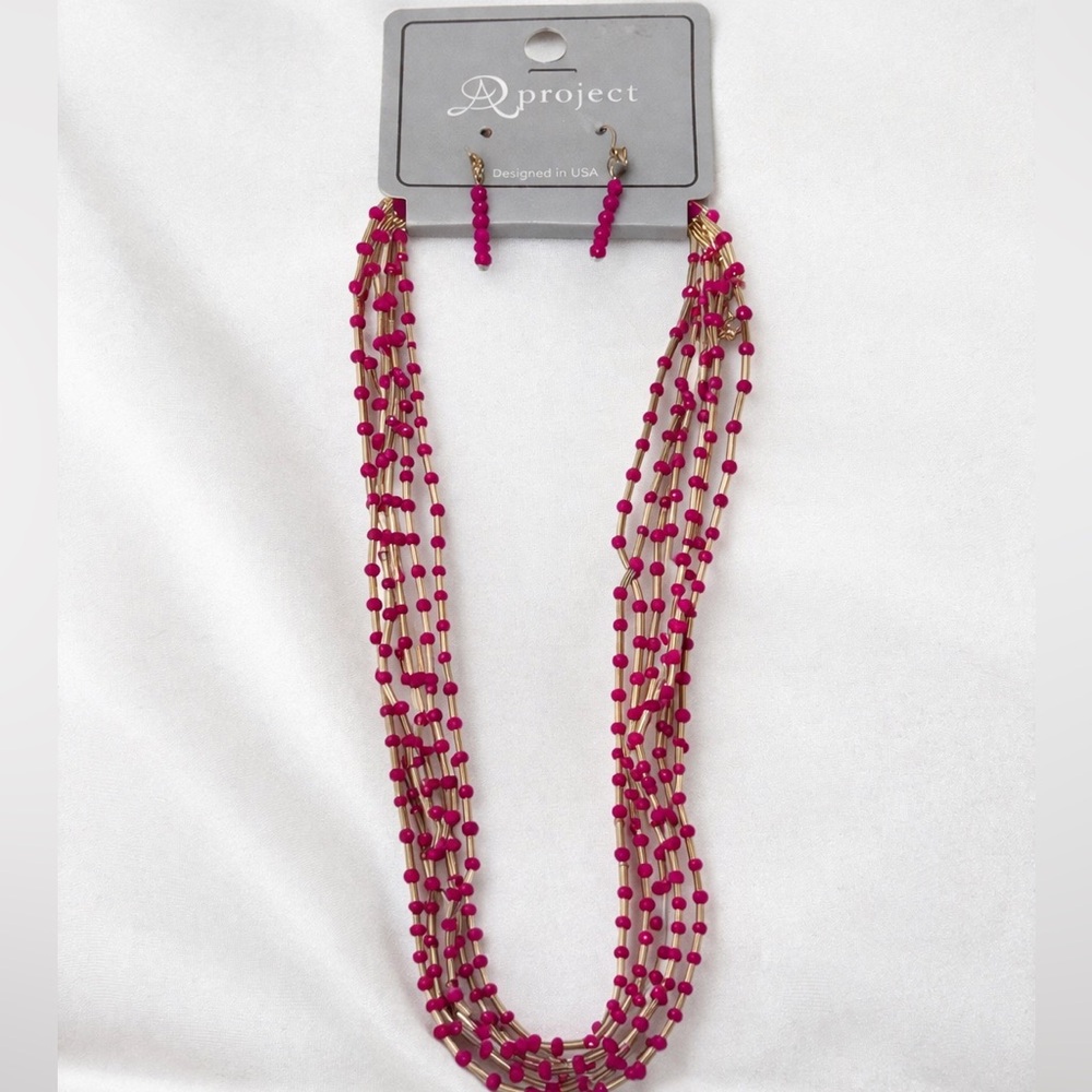 A Project Pink Multi Strand Beaded Necklace Set Gold Tone  Earrings Boho Chic